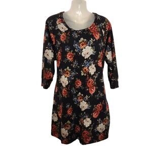 Bluheaven Black Floral Boho Crewneck 3/4 Sleeves Belted Mini Shirt Dress Large